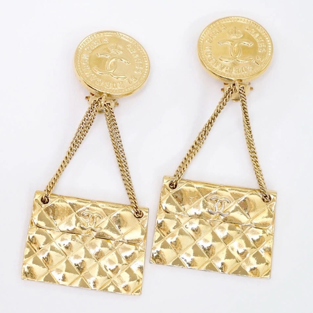 CHANEL CC Gold Quilted Handbag Drop Clip on Earrings